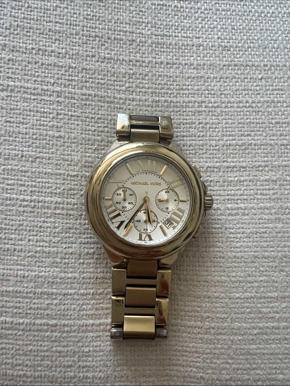 Michael Kors Gold Chronograph Bracelet Watch w/ white face